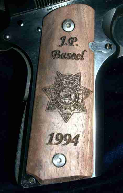 Unfinished Walnut 1911 Grips With High Detailed Badge Engraving