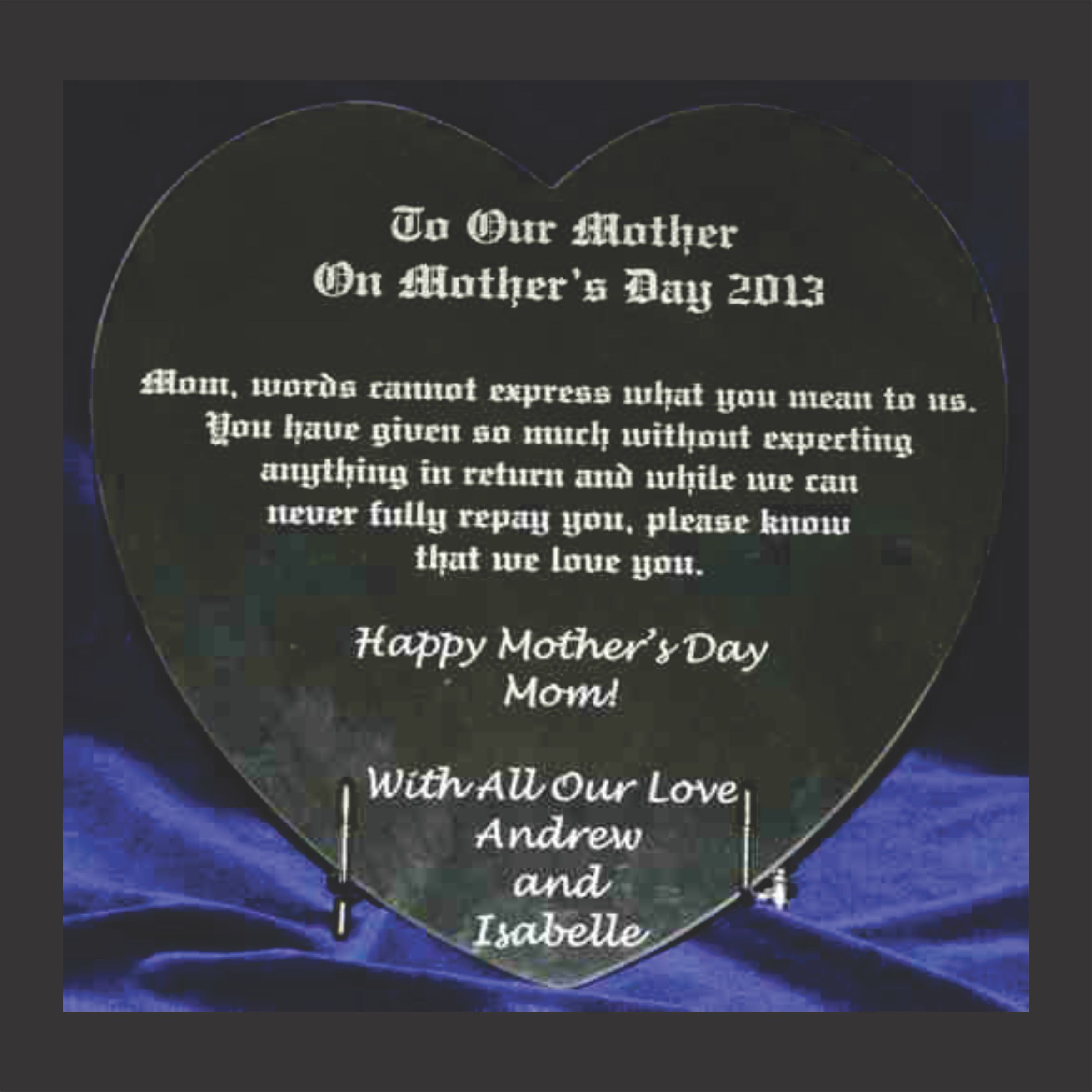 personalized 12 inch marble heart with wording only engraved