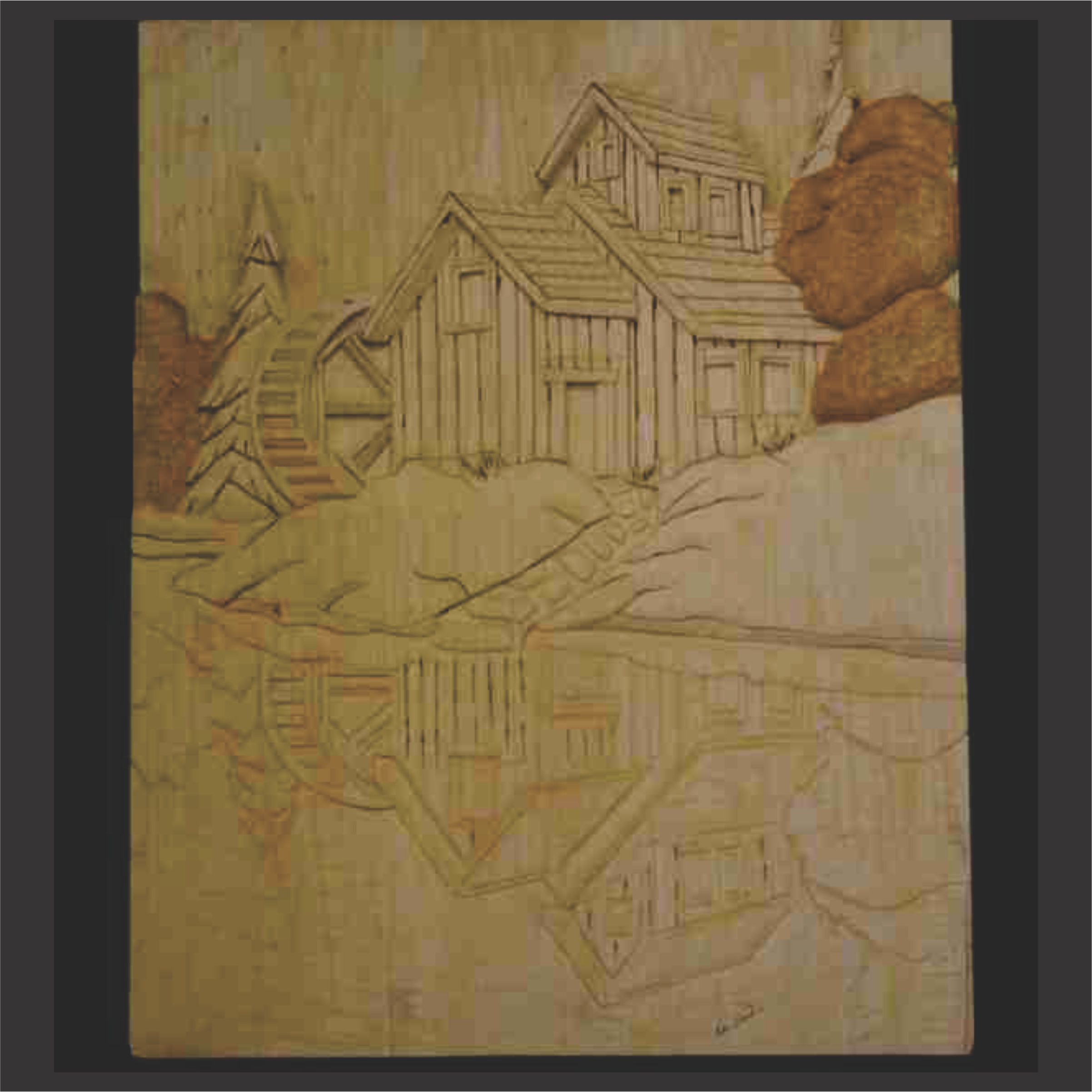 large wood carving of old mill with reflection in a lake